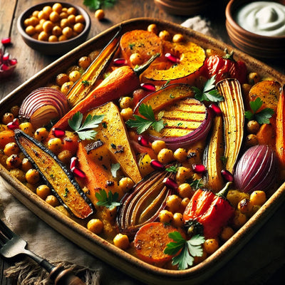RECEPT I ovenschotel met geroosterde wintergroenten en kikkererwt